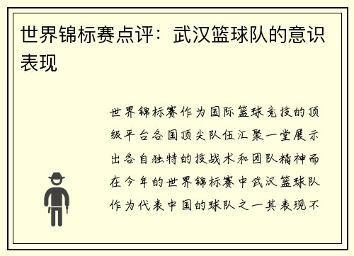 世界锦标赛点评：武汉篮球队的意识表现