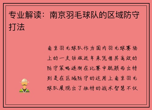 专业解读：南京羽毛球队的区域防守打法