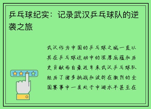 乒乓球纪实：记录武汉乒乓球队的逆袭之旅