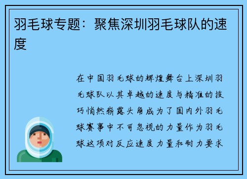 羽毛球专题：聚焦深圳羽毛球队的速度