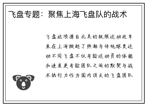 飞盘专题：聚焦上海飞盘队的战术