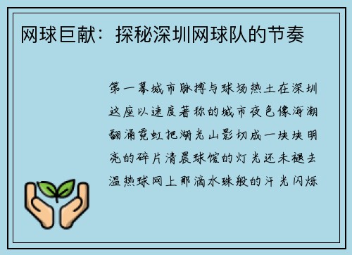 网球巨献：探秘深圳网球队的节奏